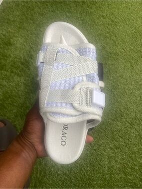 Men's White Slide Sandals with Knit Straps by DRACO